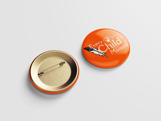 Every Child Matters Button Pin – Orange Heart, Feather & Hand Icons