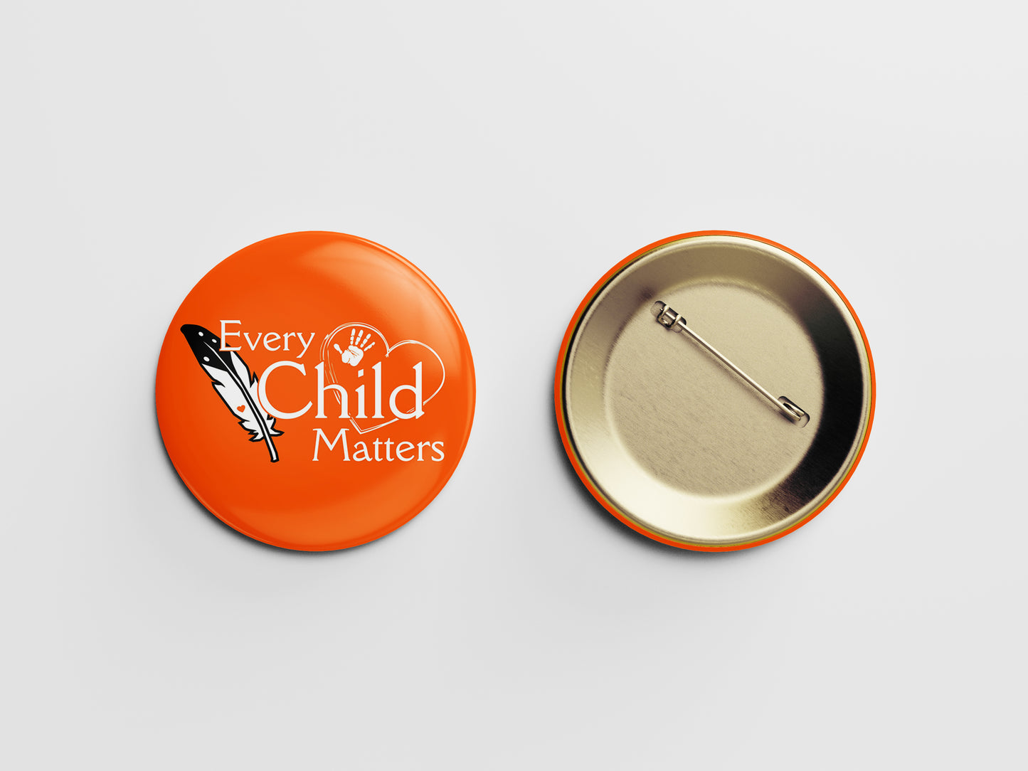 Every Child Matters Button Pin – Orange Heart, Feather & Hand Icons