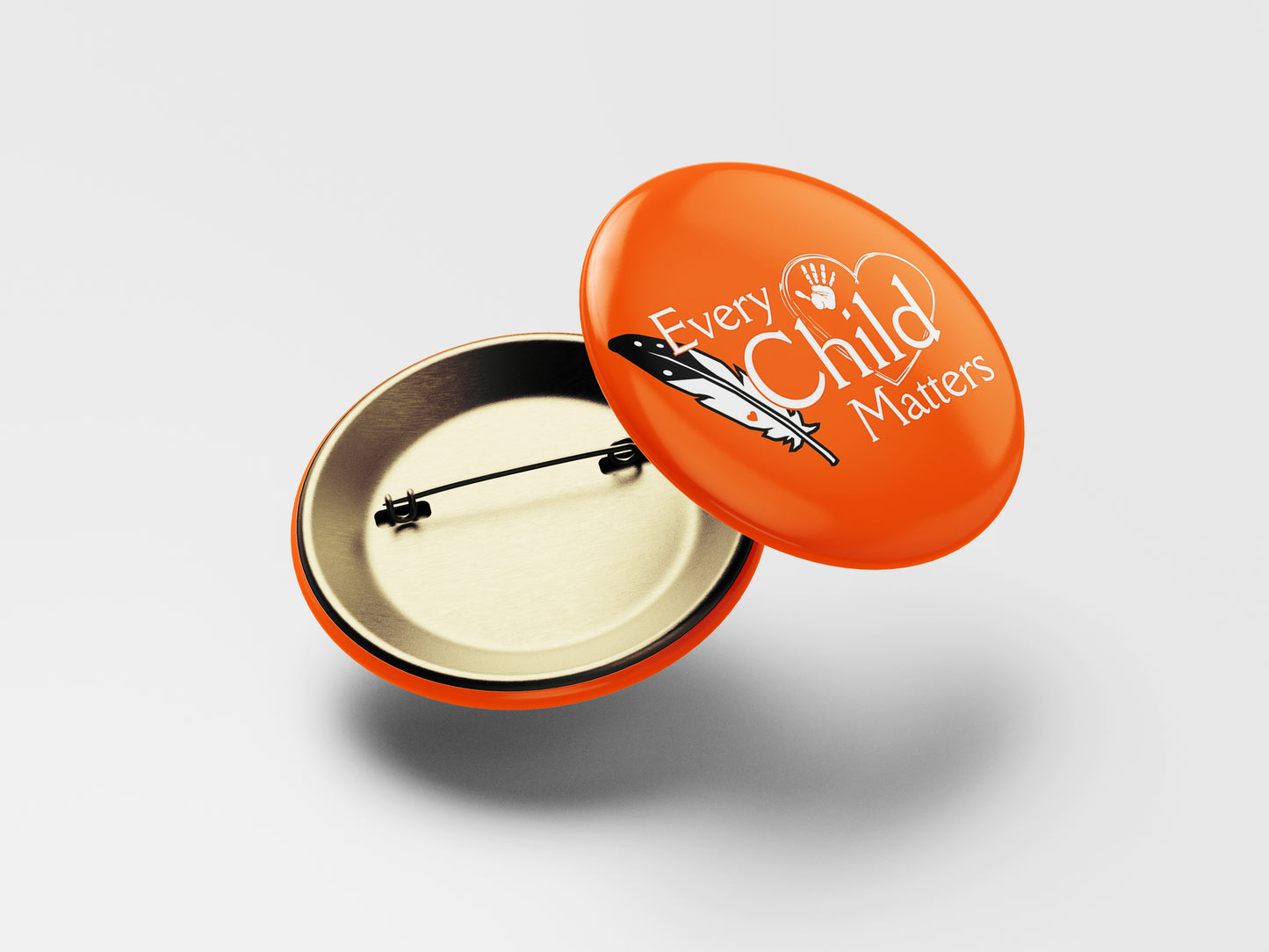 Every Child Matters Button Pin – Orange Heart, Feather & Hand Icons