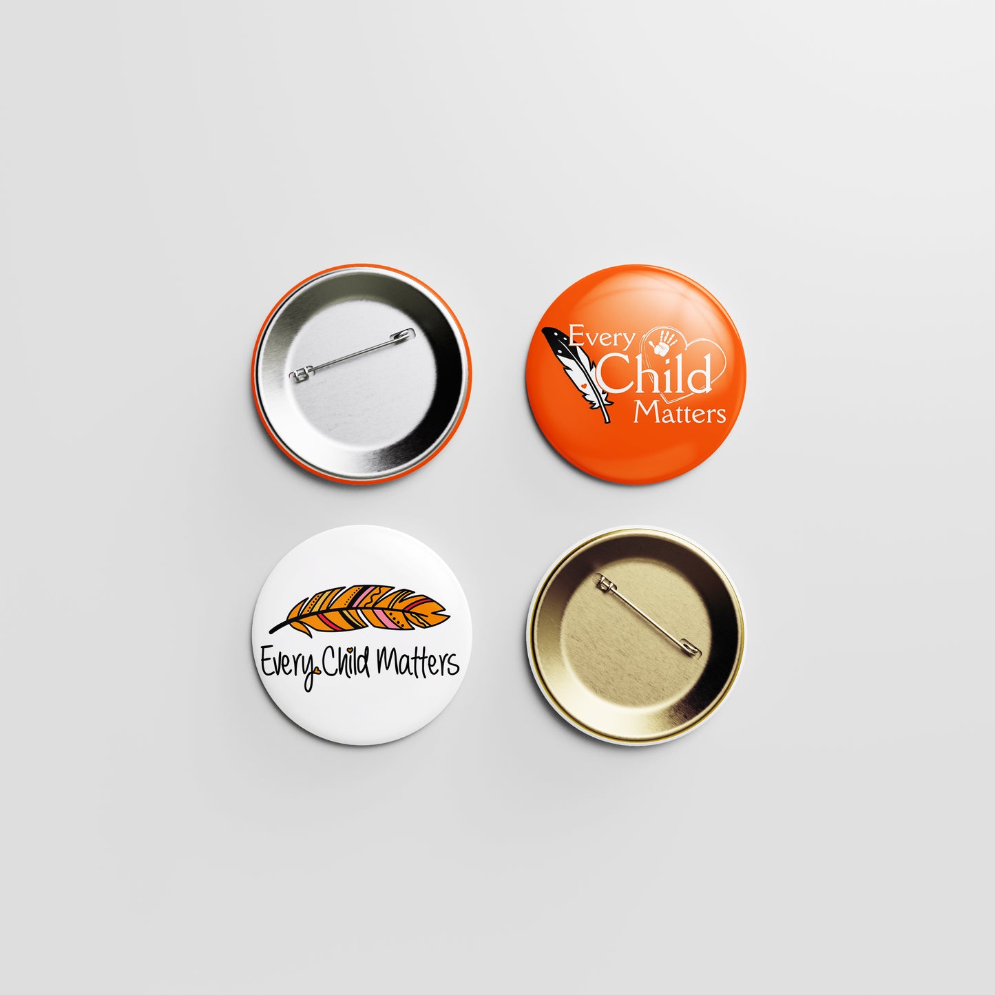 Every Child Matters Button Pin – Orange Heart, Feather & Hand Icons