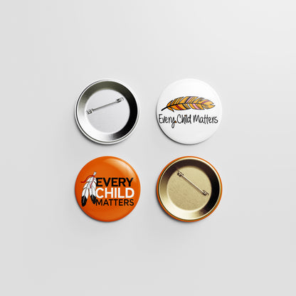 Every Child Matters Button Pin – White Background with Feather & Cursive Text