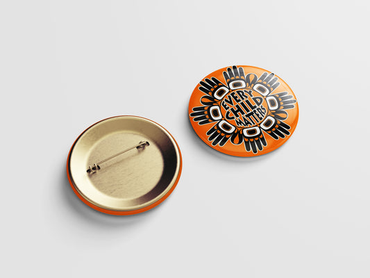 Every Child Matters Button Pin – Orange Background with Traditional Ornaments