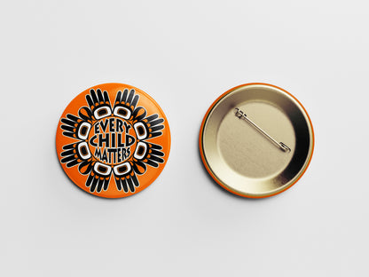 Every Child Matters Button Pin – Orange Background with Traditional Ornaments