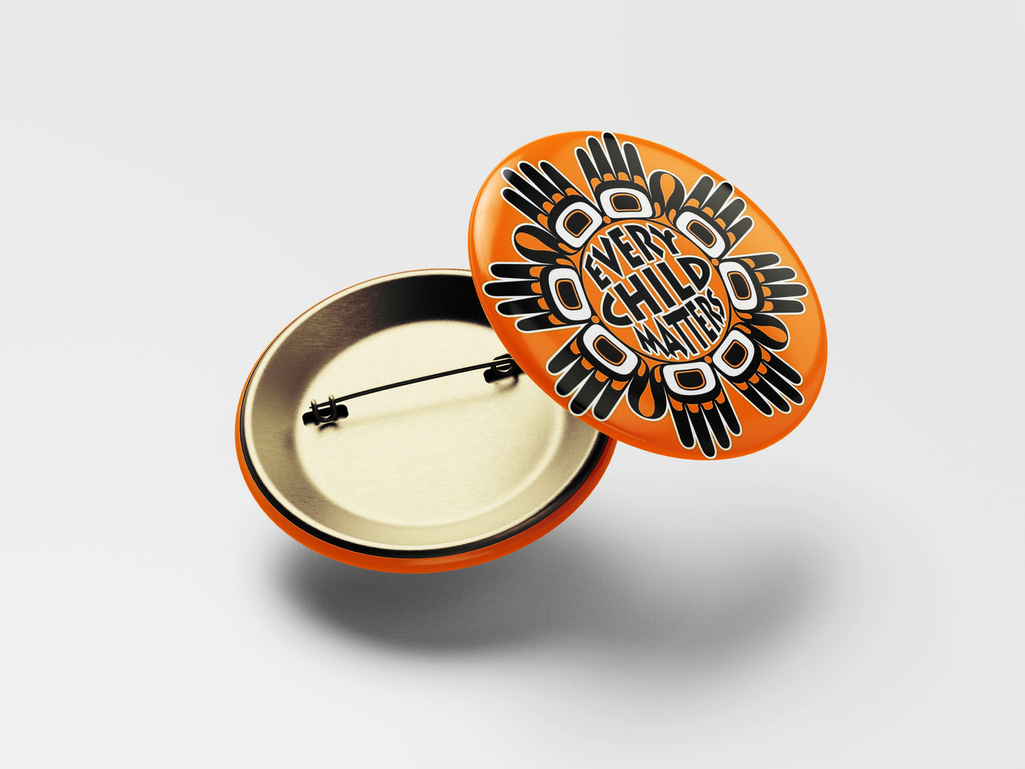 Every Child Matters Button Pin – Orange Background with Traditional Ornaments