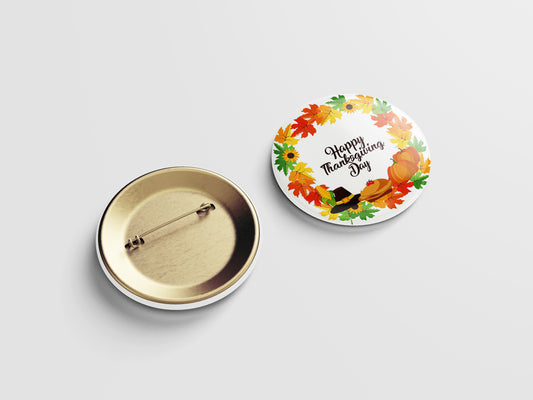 Happy Thanksgiving Day Button Pin – Colorful Fall Leaves