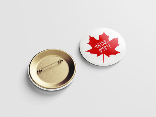 Happy Thanksgiving Day Button Pin – Red Maple Leaf Design