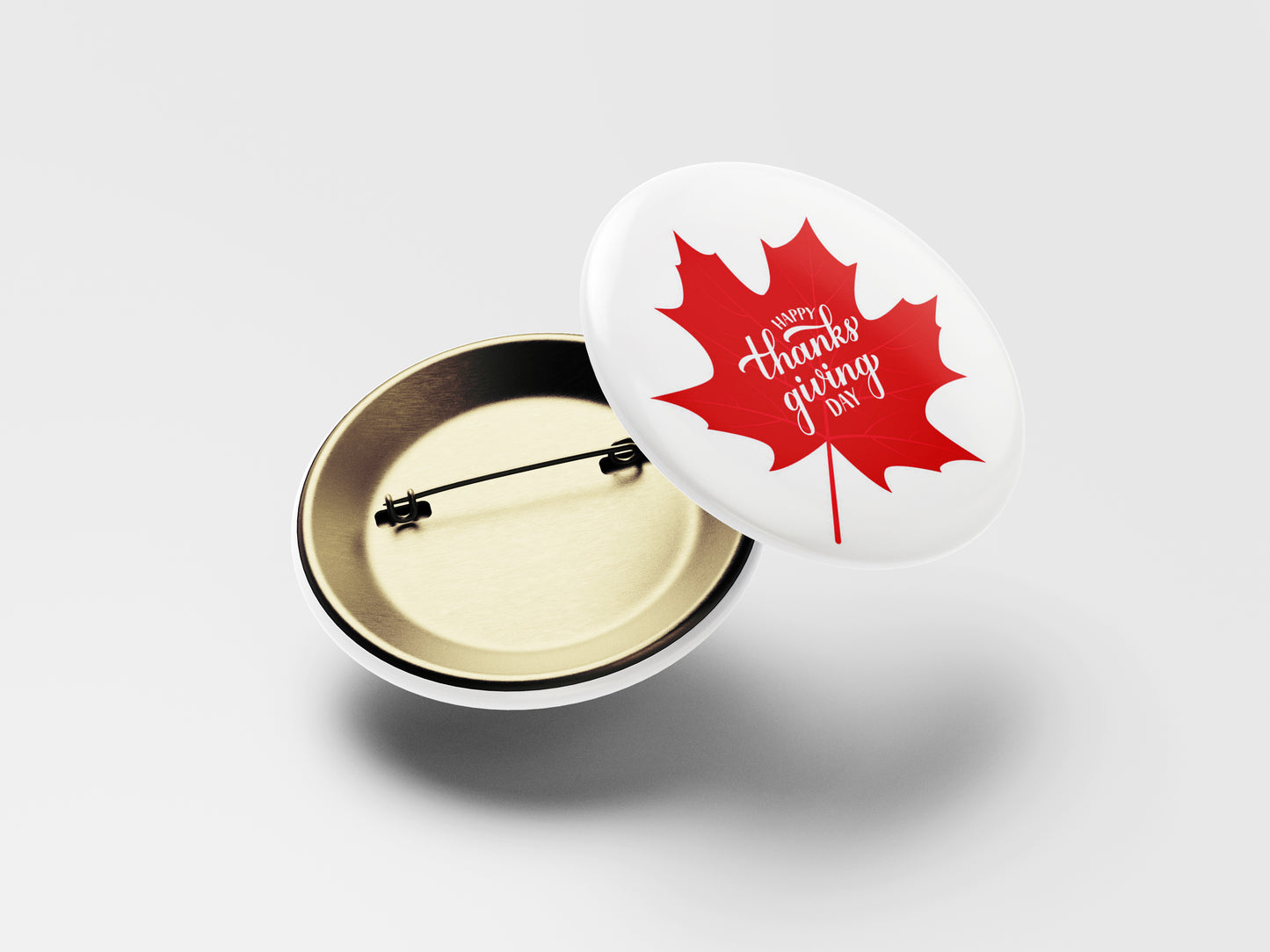 Happy Thanksgiving Day Button Pin – Red Maple Leaf Design