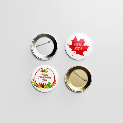 Happy Thanksgiving Day Button Pin – Red Maple Leaf Design