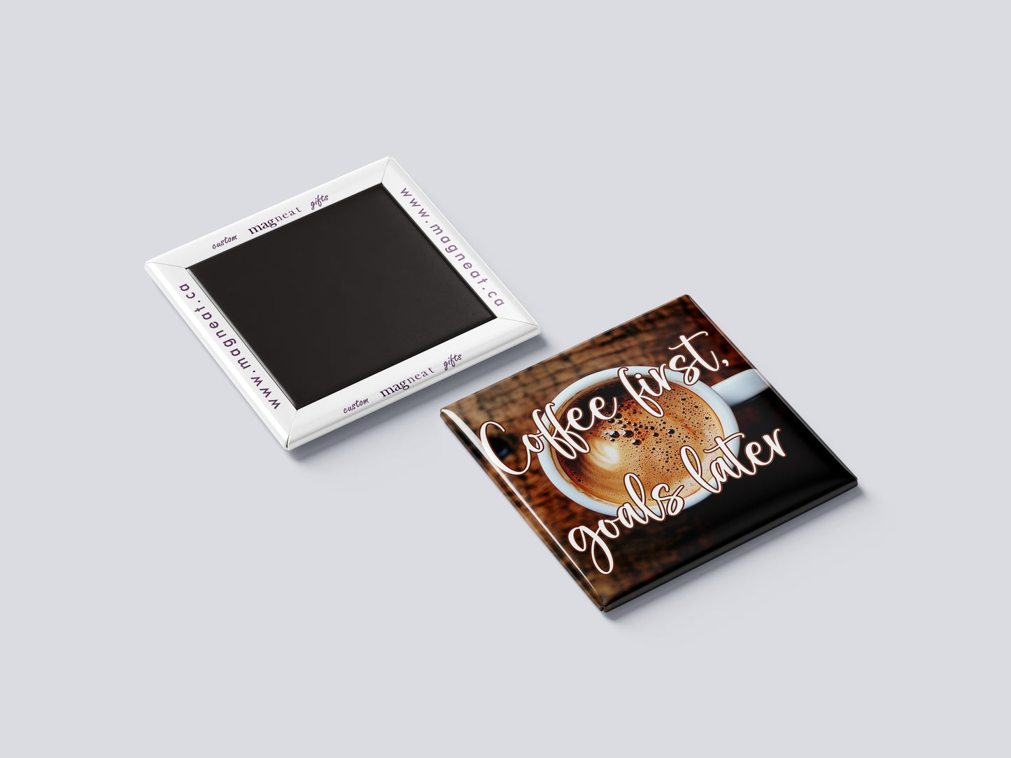 Motivational Magnet Badge – Coffee First, Goals Later
