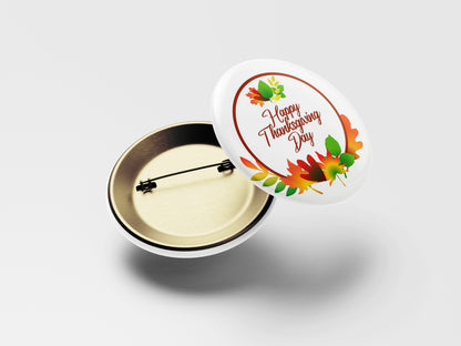 Happy Thanksgiving Day Button Pin – Colorful Fall Leaves Circle
